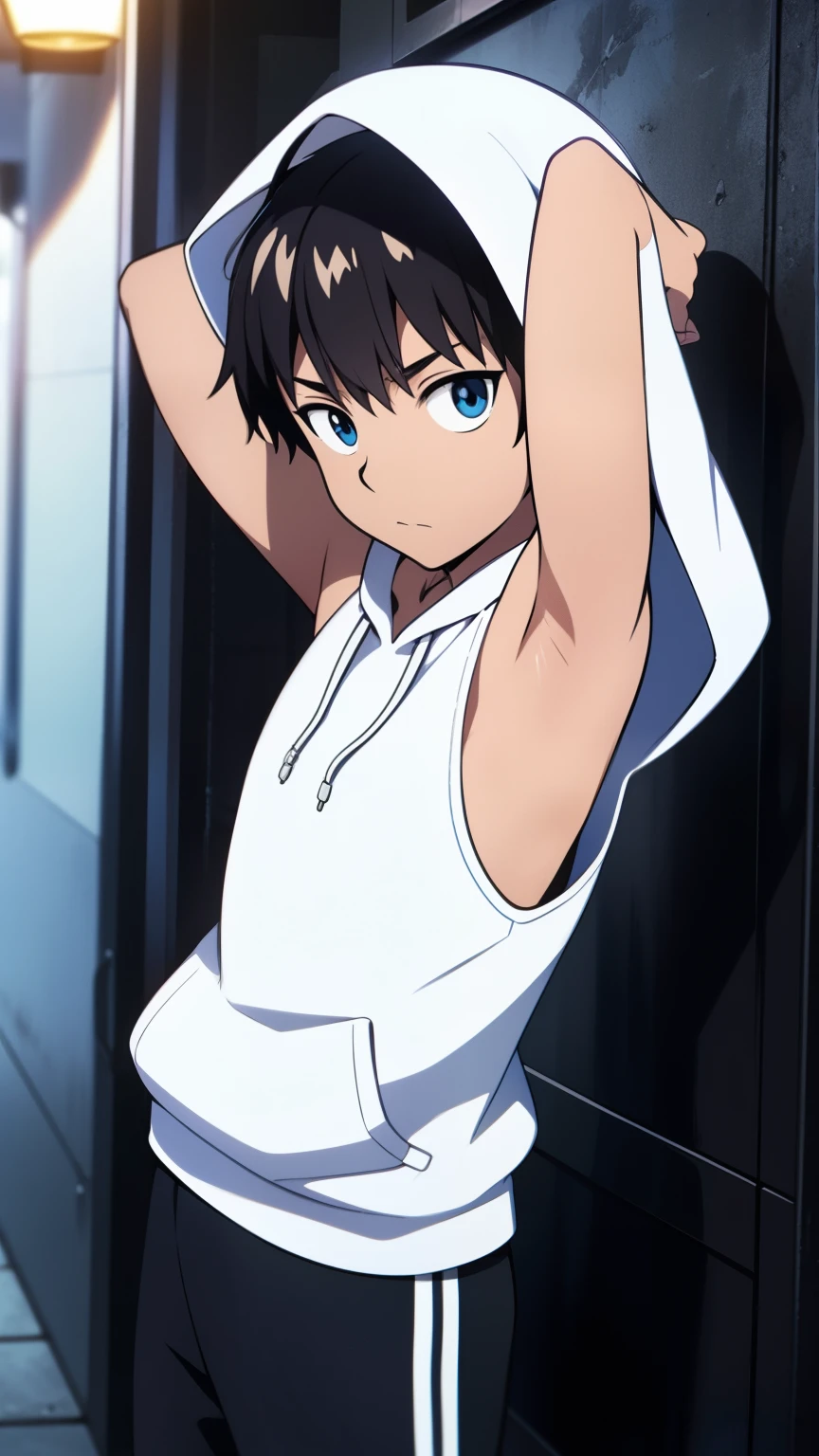 Highres, Masterpiece, Best quality at best,Best Quality,hight quality, hight detailed, Anime style, 1boy, Shota, young boy, Solo person, white hoodie, Sleeveless hoodie, Upper body, Seen from the front, look at viewer, (Very young boy), (very small and short body), 12-year-old boys, (Showing armpit:1.3), hansome boy, Uhd, bokeh, Simlle beckground, 8k photo, best quality, beautiful lighting, intricate details, photorealistic, photo, masterpiece, realistic, photorealism, detailed, hyper detailed, best quality, ultra high res, high resolution, detailed, raw photo, detailed face, detailed eyes, looking at viewer