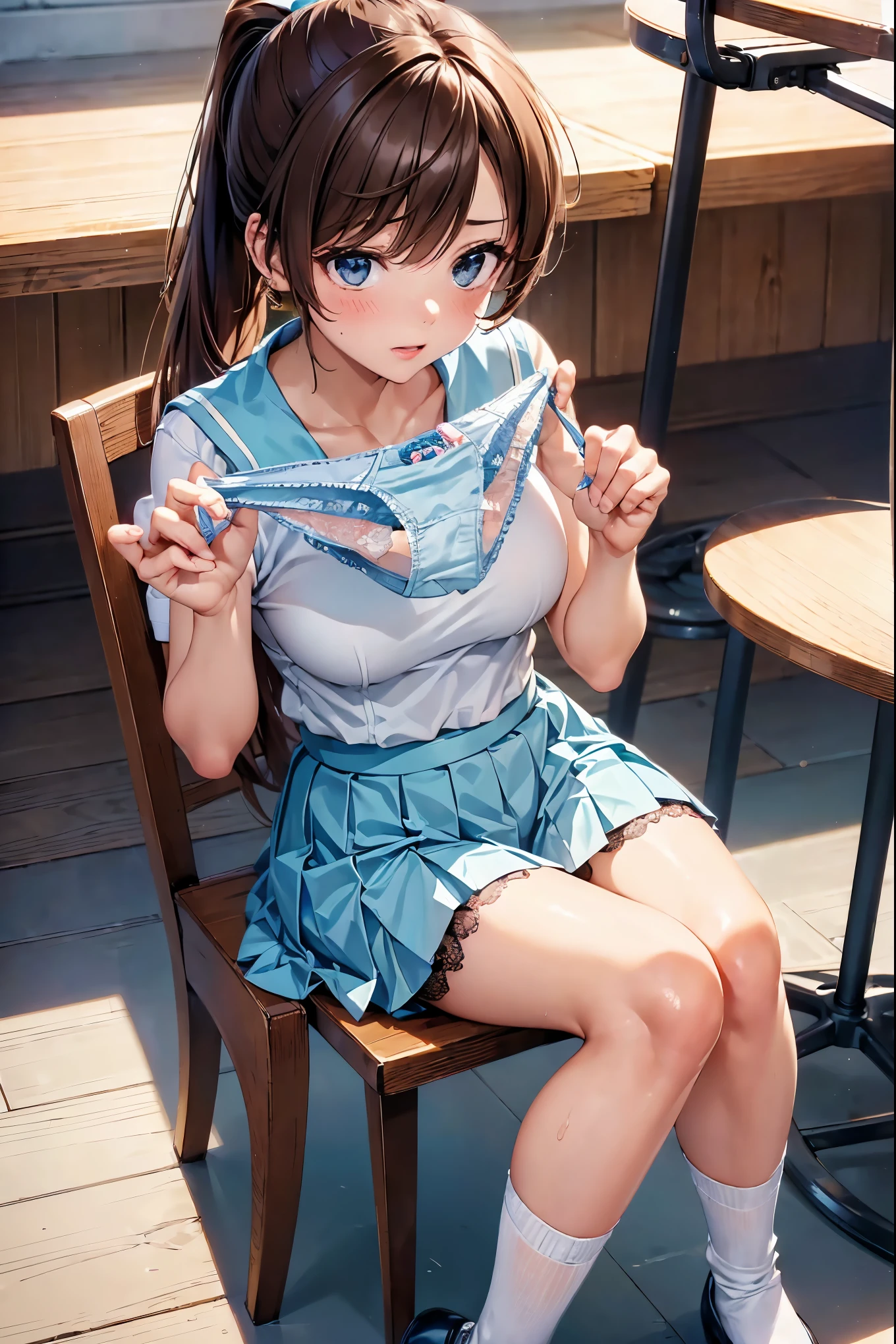 (((masterpiece, Highest quality, High resolution, 超High resolution, Perfect Pixel, Depth of written boundary, 4K, RTTX 10.0))), Beautiful Anime Woman, Beautiful art style, Anime characters, ((Smooth texture, Realistic texture, Anime CG Style)), Exact finger count、Exact number of legs、(Exact number of arms:1.0, Exact number of hands:1.0), (Perfect hands, Perfect Anatomy), Cinematic, Realistic, Extremely detailed CG, Daytime lighting, Perfect lighting, Best Shadow, The best natural light, whole body, Perfect body, バランのとれたPerfect body, Perfectly balanced style, Slender body, ((Long Hair, bangs, Reddish brown hair, ponytail)), ((A cute adult woman is holding her panties in both hands and showing them, holding panties, presenting panties:1.8)), ((Sailor suit tops, Sailor collar, White shirt, Navy pleated mini skirt:1.3), (Knee-high socks:1.3):1.3), (Beautiful and big breasts:1), (Very embarrassed look:1.6), blush, (Stylish cafe, Stylish restaurant, 満席のTables and chairs, Crowded store, Many male customers in the background, Tables and chairs:1.3), Angle from the front, (Lace light blue panties:1.45)