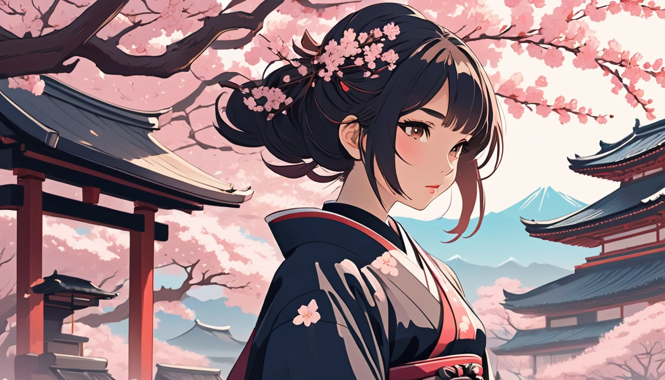 Female samurai,Background is cherry blossoms and a Japanese temple、 Wide-angle lens, Lofi Anime, Lofi illustration, Aesthetic atmosphere, Lo-Fi Style, Vector art, Flat Design, Simple shape, Warm tones, Pleasant atmosphere, Chill, In anime style, Digital drawing, Vector art, Vector logo for t-shirt printing, (Adorable:1.5), (small:1.4), (Playful:1.2), (soft:1.3), (Whimsical:1.1), masterpiece, Highest quality, 8k, Intricate details, grow, Celestial, Mysterious, Picturesque, amazing, Majestic, Magic, Fantasy art, Cover art, dream-like