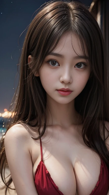 full hd 8k, Girl standing in front of a dark night scene, full moonlight reflecting on her beautiful face, Her long, silky hair was gently blown by the night wind, creating a gentle and romantic feeling. She is walking on a large beach. She looked up at the starry sky, as if searching for something, her eyes showing a pensive and look. The full moon shines in the night sky creating a beautiful scene. The girl has long, strands of hair, a luxurious and noble beauty. The moonlight shines on the girl's delicate face, highlighting her large, round light brown eyes, creating a natural, gentle beauty. She wore a little sexyly red bikini to create a sexy beauty. Her plumble breasts were exposed, revealing her plumble and extremely sexy breasts. These images capture detailed panoramic portraits and views of the sky and sea. All create a beautiful, wonderful picture that makes people unable to take their eyes off the scene. All of these details are depicted clearly and sharply,