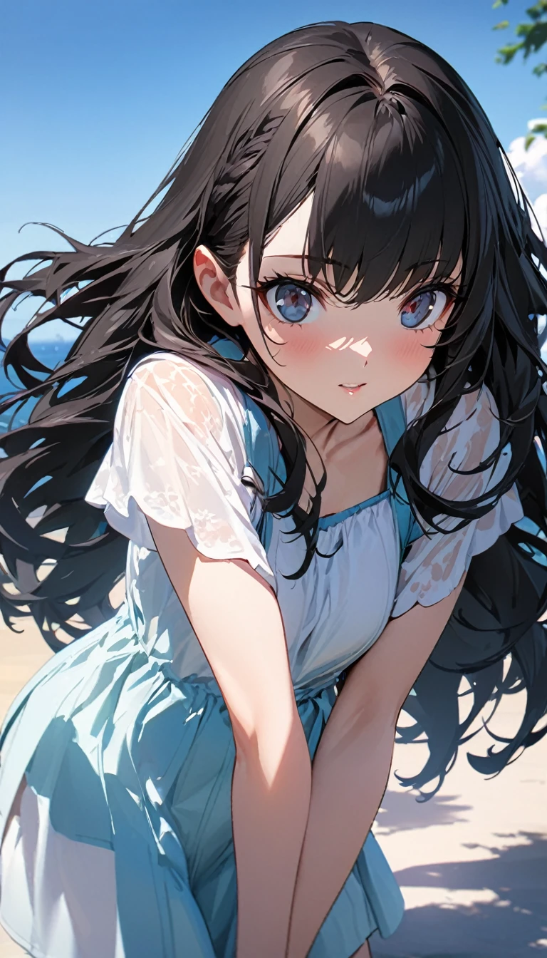 So cute and beautiful,White frilly sundress with fine lace,Skirt flip,White panties,(Very beautiful face and eyes:1.2),
(smile),blush,View your audience,Black Hair,Dynamic pose,Dynamic Angle,Cowboy Shot,
Beach,Steep cliffs visible in the distance,(Highest quality,masterpiece:1.2),(Intricate details),Very detailed,High resolution,
alone,Hair blowing in the wind,Beautifully detailed skies,(Realistic),Large Breasts