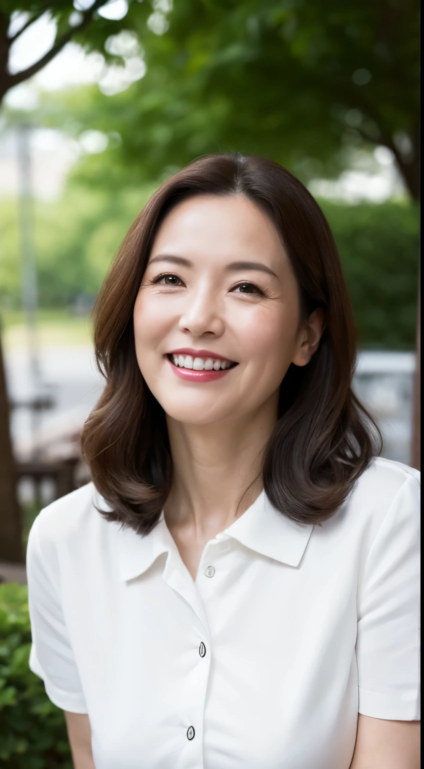 Standing in the park, Wrinkles around the eyes, Smiling with teeth showing, Plain short-sleeved clothing, senior citizen, Draw lips correctly, Red lipstick, No discomfort, 16K, Highest quality, Very detailed, Realistic, Very detailed肌, (Japanese), (alone), 60 years old, Large Breasts, , Glamour, sexy, Chromo White Skin, Staring straight ahead,