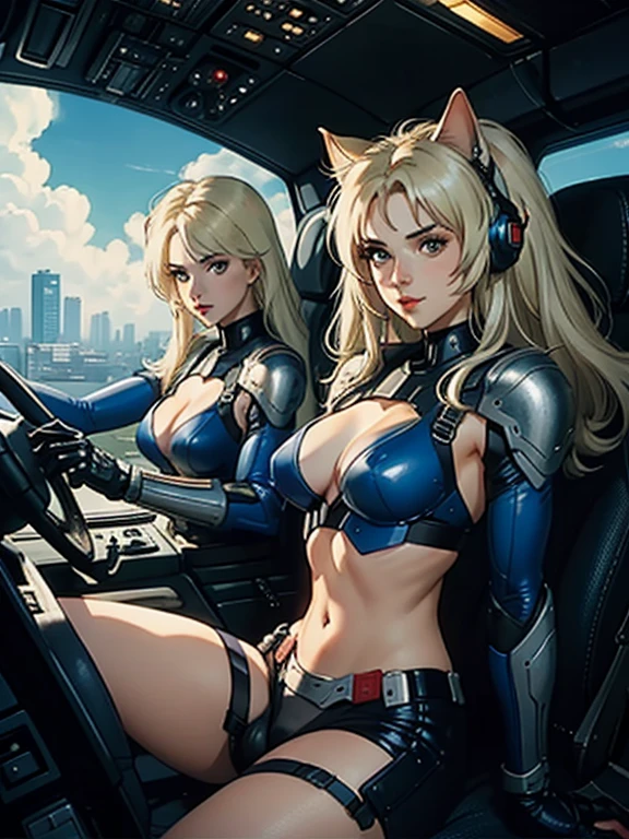 ((Highest quality)), ((masterpiece)), (Familiar), (High resolution), 8k, Perfect Face、2Women、Two blonde women with cat ears、((Two people piloting a mobile suit in the cockpit))、Fearless Smile、expensive、2 blonde cat ears、2. Long Hair、2. Volume Hairstyle、Large Breasts、Tight waist、Big Ass、glamorous、Fascinating、protector、armor、Combat Uniform、Combat Boots、Armament、Cinematic、Best Shadow、Side lighting、neo tokyo、((The Pilot and Gunnar))、(Face close-up)