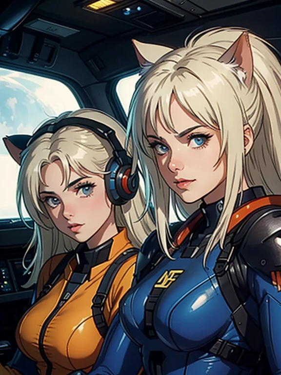 ((Highest quality)), ((masterpiece)), (Familiar), (High resolution), 8k, Perfect Face、2Women、Two blonde women with cat ears、((Two people piloting a mobile suit in the cockpit))、Fearless Smile、expensive、2 blonde cat ears、2. Long Hair、2. Volume Hairstyle、Large Breasts、Tight waist、Big Ass、glamorous、Fascinating、protector、armor、Combat Uniform、Combat Boots、Armament、Cinematic、Best Shadow、Side lighting、neo tokyo、((The Pilot and Gunnar))、(Face close-up)