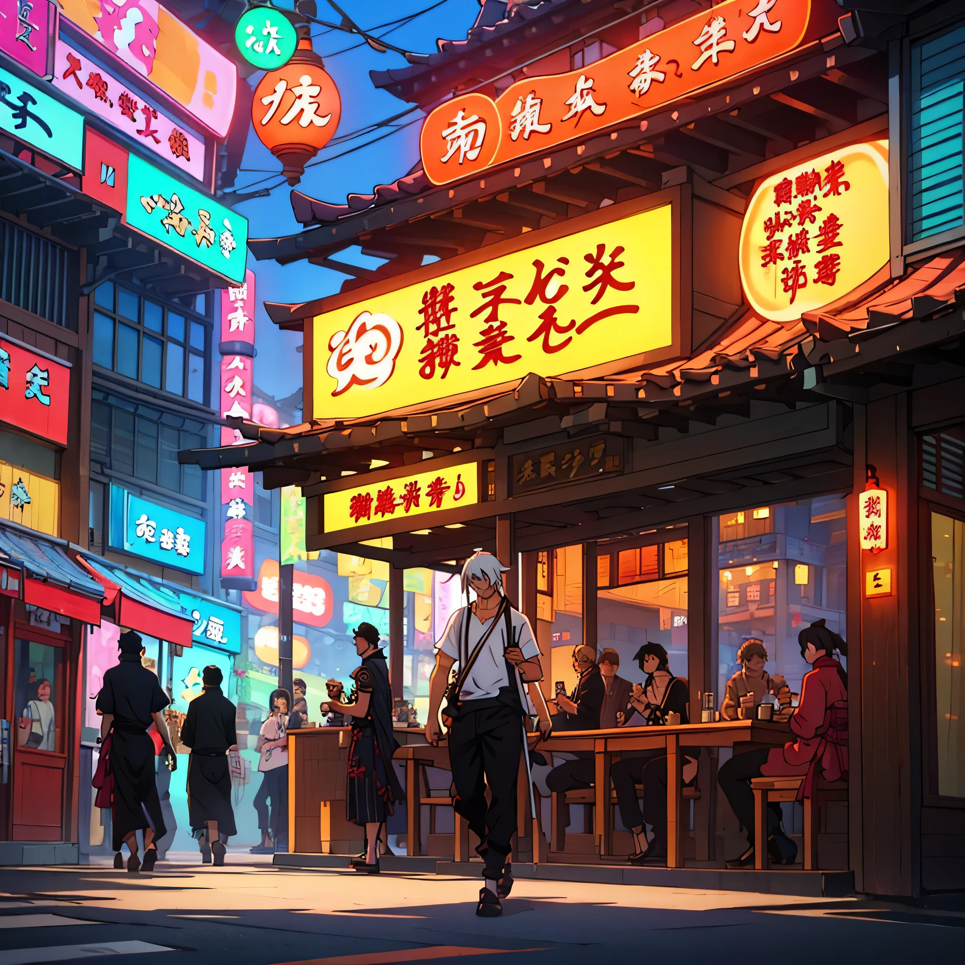 anime boy, big swords, having a coffee in a cafe, cafetetia tokyo, neon