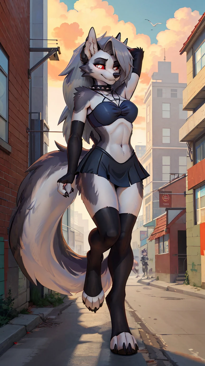 1 girl, ((loona hellhound:1.2)) (furry:1.2), (fluffy:1.1), (anthro:1.2), (snout:1.2), smile, Spiked collar, Long hair, (loonaMatrosesenshiunifrom:1.1), (slit pupils:1.1, White eyes:1.1, Rote Sklera), roof, Pflanzen, Urban, ​masterpiece, best quality, highres, sv1, Sailor Warrior Uniform, Elbow gloves, tiara, black bow, black sailor collar, White gloves, jewellery, White leotard, black sailor skirt, Matrose_Mondpose
