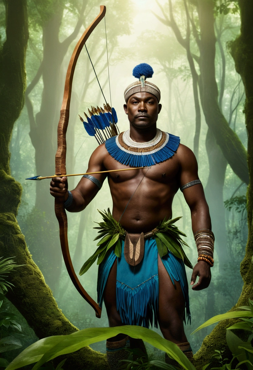 "A majestic and serene depiction of Oxóssi, the Yoruba orixá of the hunt, forests, and abundance. He is portrayed as a noble and agile African man, dressed in green and blue traditional attire, symbolizing his connection to nature and the forest. Oxóssi is holding a bow and arrow, ready for the hunt, with a quiver of arrows on his back. The background features a lush, dense forest filled with vibrant flora and fauna, representing his domain. The scene exudes a sense of tranquility and harmony with nature, highlighting Oxóssi's role as a protector and provider."

