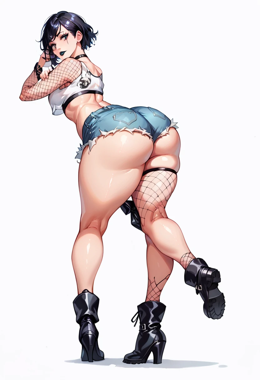 a beautiful anime girl, , black hair, wearing fishnets, black lipstick, a crop top, very short jean shorts, medium-sized breasts, big butt, white background, full body shot from head to toe, black boots, wide thighs