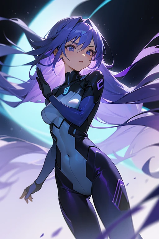 One girl, Long Hair, Purple Hair, Simple Background, Purple eyes, Illustration, Small breasts,student,Blue right eye,Yellow left eye