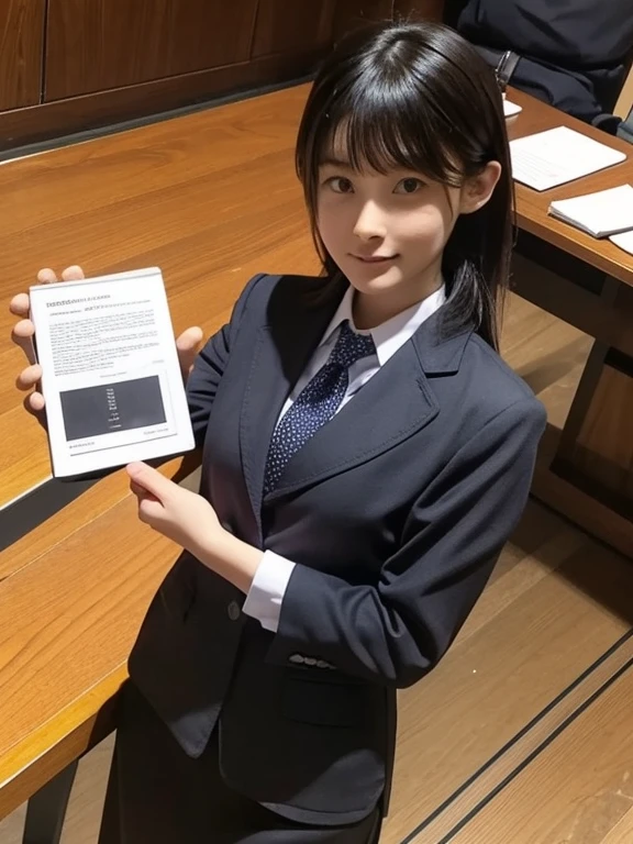 girl, solo, lawyer, Tribunals of the Court, Marble floor, Courtroom Argument, lawyerのバッジ, Standing, Holding files in your hands, Serious expression