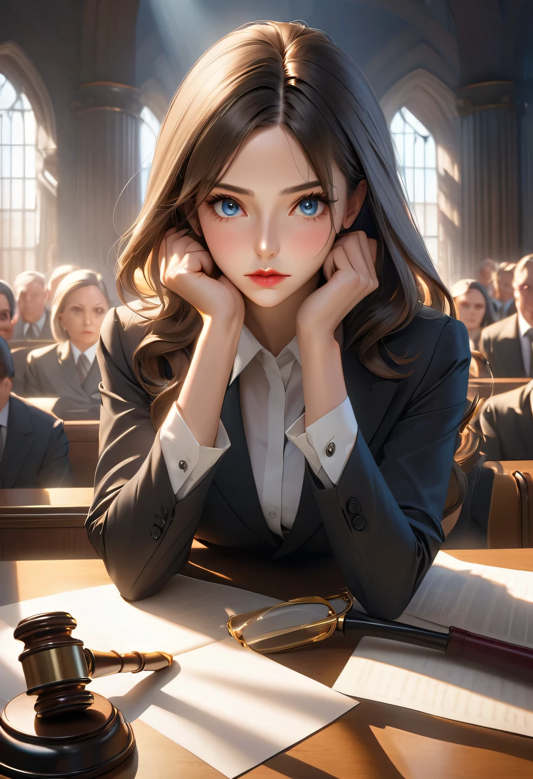 Skilled female lawyer, strong pose, standing in court, dissenting determined look, beautiful detailed eyes, beautiful detailed lips, highly detailed face, high quality, 16k, highres, realistic, photorealistic, masterpiece, movie -like lighting, dramatic shadows, warm tones, and vibrant colors
