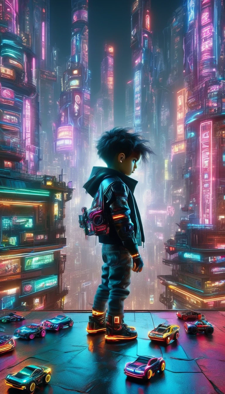 a 7  boy playing with his toy cars,on a deep balcony,cyberpunk city in the distance,cyberpunk colors,neon,high definition,8k,masterpiece,(best quality,4k,8k,highres,masterpiece:1.2),ultra-detailed,(realistic,photorealistic,photo-realistic:1.37),beautiful detailed eyes,beautiful detailed lips,extremely detailed eyes and face,longeyelashes,cinematic lighting,cinematic composition,dramatic lighting,dynamic composition