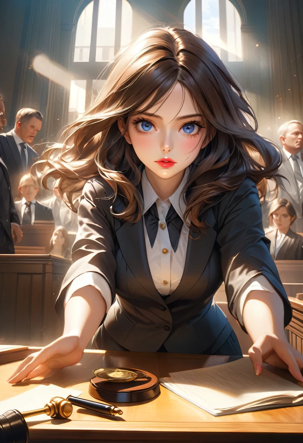 Skilled female lawyer, strong pose, standing in court, dissenting determined look, beautiful detailed eyes, beautiful detailed lips, highly detailed face, high quality, 16k, highres, realistic, photorealistic, masterpiece, movie -like lighting, dramatic shadows, warm tones, and vibrant colors