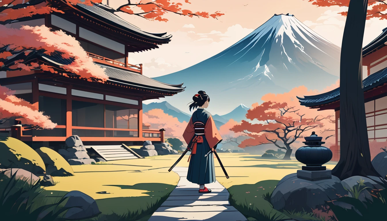 Female samurai,Japanese garden、Fuji Mountain、 Wide-angle lens, Lofi Anime, Lofi illustration, Aesthetic atmosphere, Lo-Fi Style, Vector art, Flat Design, Simple shape, Warm tones, Pleasant atmosphere, Chill, In anime style, Digital drawing, Vector art, Vector logo for t-shirt printing, (Adorable:1.5), (small:1.4), (Playful:1.2), (soft:1.3), (Whimsical:1.1), masterpiece, Highest quality, 8k, Intricate details, grow, Celestial, Mysterious, Picturesque, amazing, Majestic, Magic, Fantasy art, Cover art, dream-like