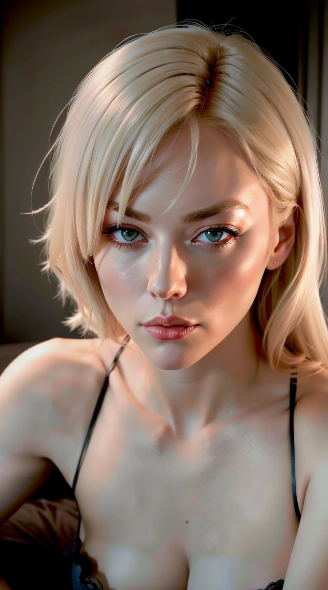 Hot Yvonne Strahovski, sexy dess, sexy, ((Masterpiece, best quality)), detailed skin, highly detailed, cinematic lighting, ultra realistic, blush, looking at viewer, with  blonde hair. Her hair elegantly styled, falling softly to chin length, portrait, , , 