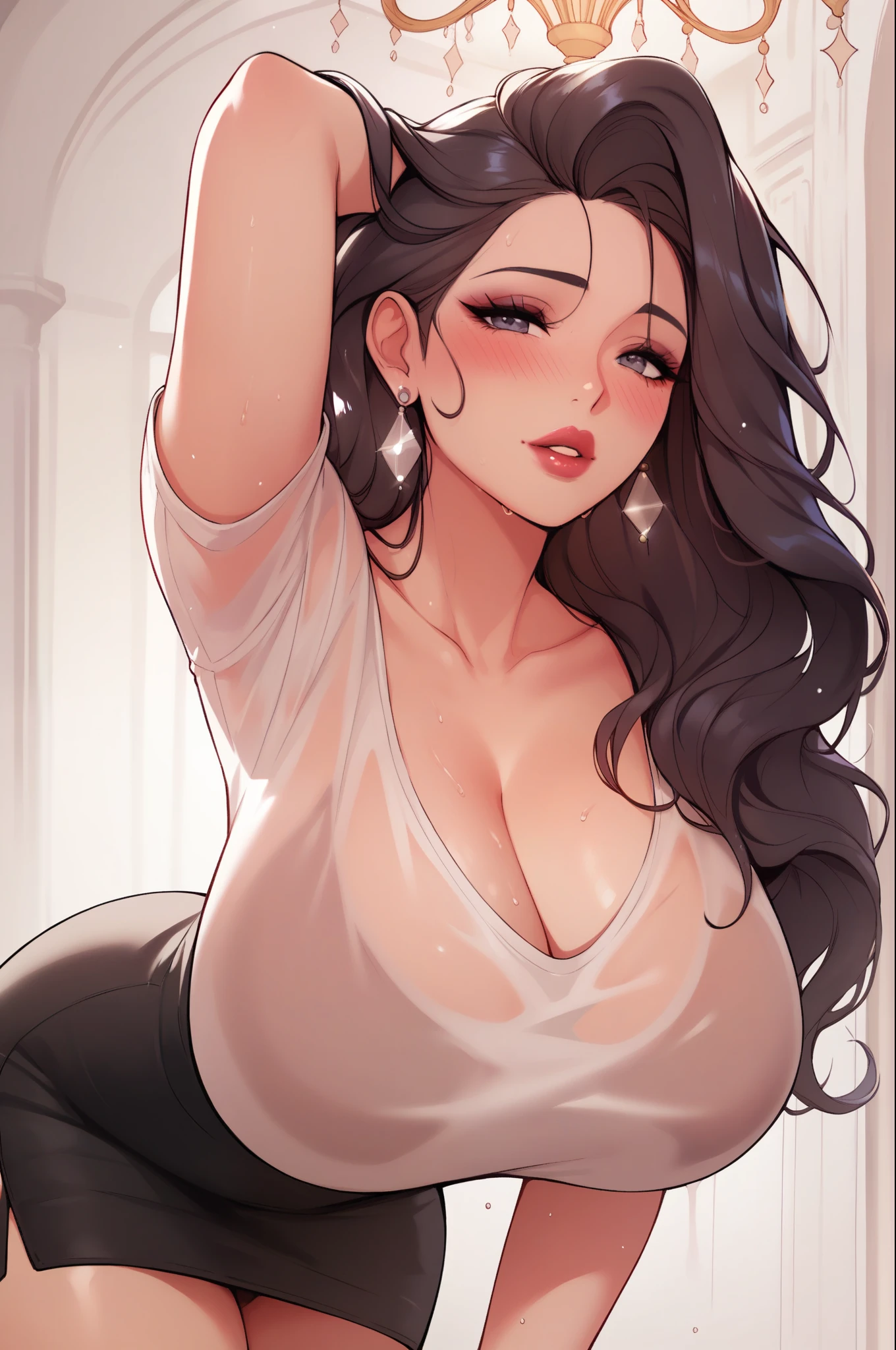 Hot sexy beautiful cute milf ,wet t shirt,black pencil skirt, silver chandelier earrings,huge breasts,  lipstick,makeup, black,two falling hair strands,blush,