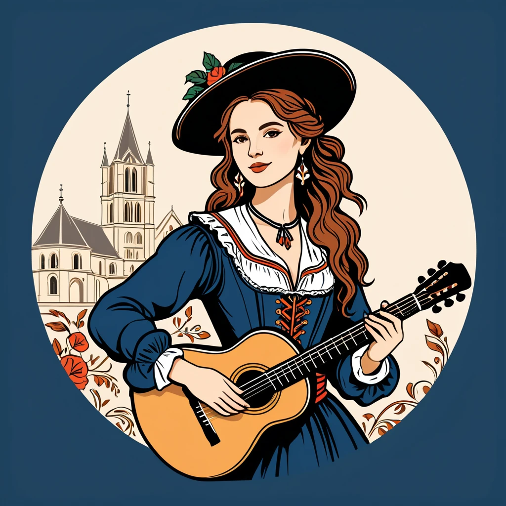 female bard in french folk outfit ,vector graphics, strong contours, logo design