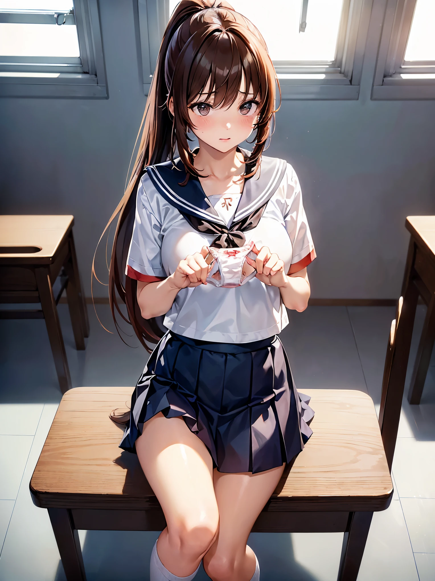 (((masterpiece, Highest quality, High resolution, 超High resolution, Perfect Pixel, Depth of written boundary, 4K, RTTX 10.0))), Beautiful Anime Woman, Beautiful art style, Anime characters, ((Smooth texture, Realistic texture, Anime CG Style)), Exact finger count、Exact number of legs、(Exact number of arms:1.0, Exact number of hands:1.0), (Perfect hands, Perfect Anatomy), Cinematic, Realistic, Extremely detailed CG, Daytime lighting, Perfect lighting, Best Shadow, The best natural light, whole body, Perfect body, バランのとれたPerfect body, Perfectly balanced style, Slender body, ((Long Hair, bangs, Reddish brown hair, ponytail)), ((A cute adult woman is holding her panties in both hands and showing them, holding panties, presenting panties:1.8)), ((Sailor suit tops, Sailor collar, White shirt, Navy pleated mini skirt:1.3), (Knee-high socks:1.3):1.3), (Beautiful and big breasts:1), (Very embarrassed look:1.6), blush, (School classroom, School desks and chairs in the background:1.5), Angle from the front, (Sexy and cute panties:1.45)