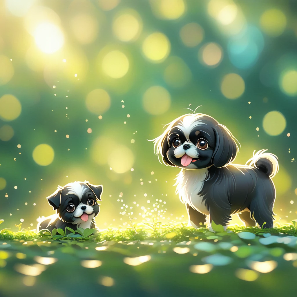 (masterpiece, best quality:1.2), 2 adorable small black Shih Tzu puppies with cute blonde mom on green background, cute numbersArt, Lovely and detailed digital art, 4k hd illustration wallpaper, Cute numbers, Blurred dream illustration, 4k hd wallpaper illustration, Cute 3d rendering, A beautiful artistic illustration, 2d illustration, 2d illustration, Blurred dreamy illustration, Epic Concept Art. bokeh