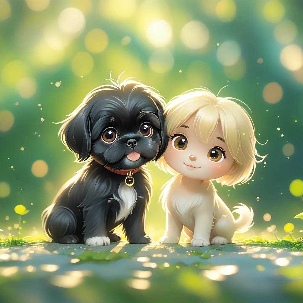 (masterpiece, best quality:1.2), 2 adorable small black Shih Tzu puppies with cute blonde mom on green background, cute numbersArt, Lovely and detailed digital art, 4k hd illustration wallpaper, Cute numbers, Blurred dream illustration, 4k hd wallpaper illustration, Cute 3d rendering, A beautiful artistic illustration, 2d illustration, 2d illustration, Blurred dreamy illustration, Epic Concept Art. bokeh