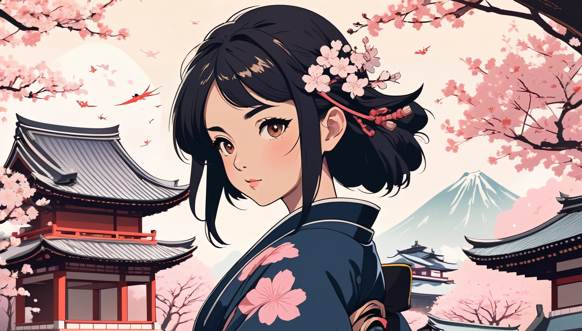 Female samurai,Background is cherry blossoms and a Japanese temple、 Wide-angle lens, Lofi Anime, Lofi illustration, Aesthetic atmosphere, Lo-Fi Style, Vector art, Flat Design, Simple shape, Warm tones, Pleasant atmosphere, Chill, In anime style, Digital drawing, Vector art, Vector logo for t-shirt printing, (Adorable:1.5), (small:1.4), (Playful:1.2), (soft:1.3), (Whimsical:1.1), masterpiece, Highest quality, 8k, Intricate details, grow, Celestial, Mysterious, Picturesque, amazing, Majestic, Magic, Fantasy art, Cover art, dream-like