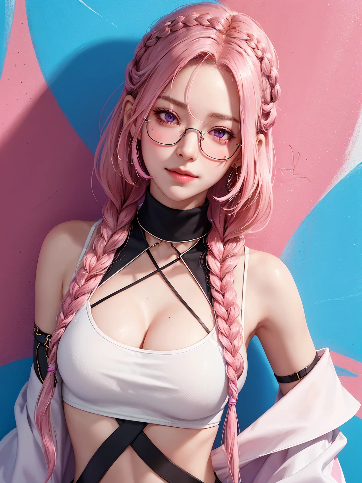(Masterpiece, best quality, 1 girl, alone, complicated details, Chromatic aberration), realistic, ((Moderate breath)),long hair, pink hair, Red headpiece, Pink Highlights, hair on one eye,purple eyes, earring, sharp eyes, choker, Neon coat, She wears a collar, bangle, and kimono style garters., crop top, (symmetrical eyes),(Perfect symmetrical body),against the wall, Brick wall, (colorful graffiti words on the wall:1.2), The light is dim., alley ,Look at the viewer.、Dig the chest、smile、(sleeveless、Navel touch、Fitted turtleneck.)、street string hot pants、Thin bottom、Please build above the eaves..、Thin shoulders、1 Female,Brown Hair, ,((Anxious expression)),Beautiful breasts,School Swimsuit、Stylish,,(Look forward)(((Blushing、Surprised expression)),(((Braid))),((( Upper body portrait)))Frameless Glasses
