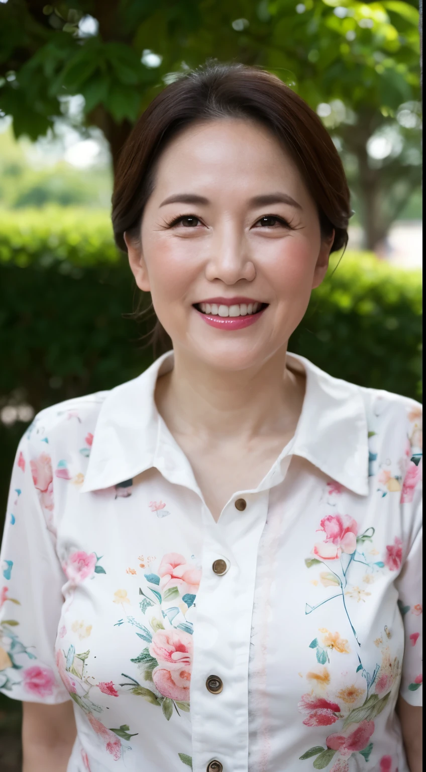 Standing in the park, Wrinkles around the eyes, Smiling with teeth showing, Plain short-sleeved clothing, senior citizen, Draw lips correctly, Red lipstick, No discomfort, 16K, Highest quality, Very detailed, Realistic, Very detailed肌, (Japanese), (alone), 60 years old, Large Breasts, , Glamour, sexy, Chromo White Skin, Staring straight ahead,
