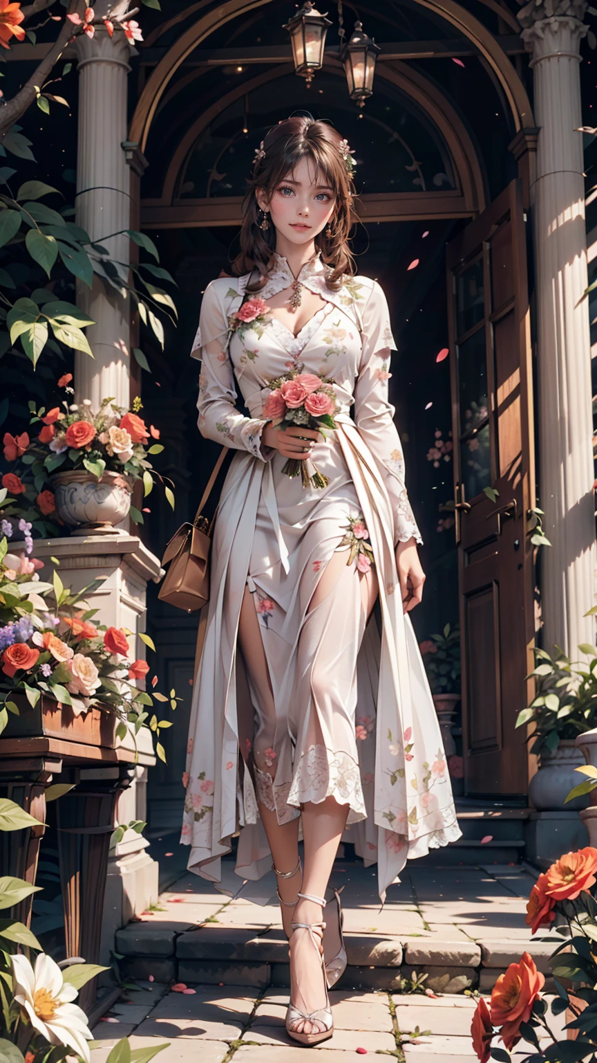 In the historic gardens、A woman from the royal family walking gracefully。She is wearing a gorgeous dress、Colorful flowers around々is in full bloom、High heels