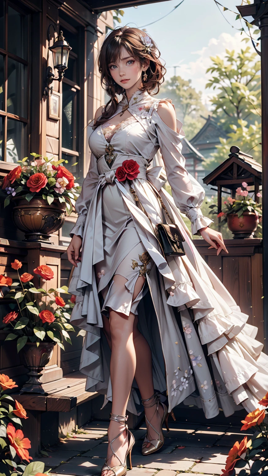 In the historic gardens、A woman from the royal family walking gracefully。She is wearing a gorgeous dress、Colorful flowers around々is in full bloom、High heels