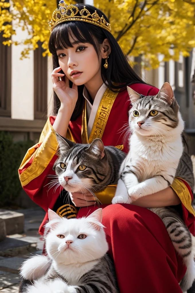 The King of Cats、Wearing the king&#39;s clothes、Brown cat close-up、Colorful background
