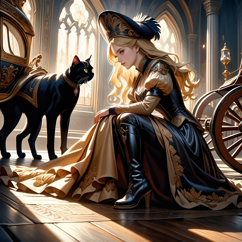 a black cat in leather boots with a feathered hat bowing before a royal carriage with a stunningly beautiful blonde princess, female curves, detailed portrait, elaborate costume, intricate background, cinematic lighting, dramatic atmosphere, oil painting, highly detailed, photorealistic, 8k, masterpiece, chiaroscuro, renaissance style