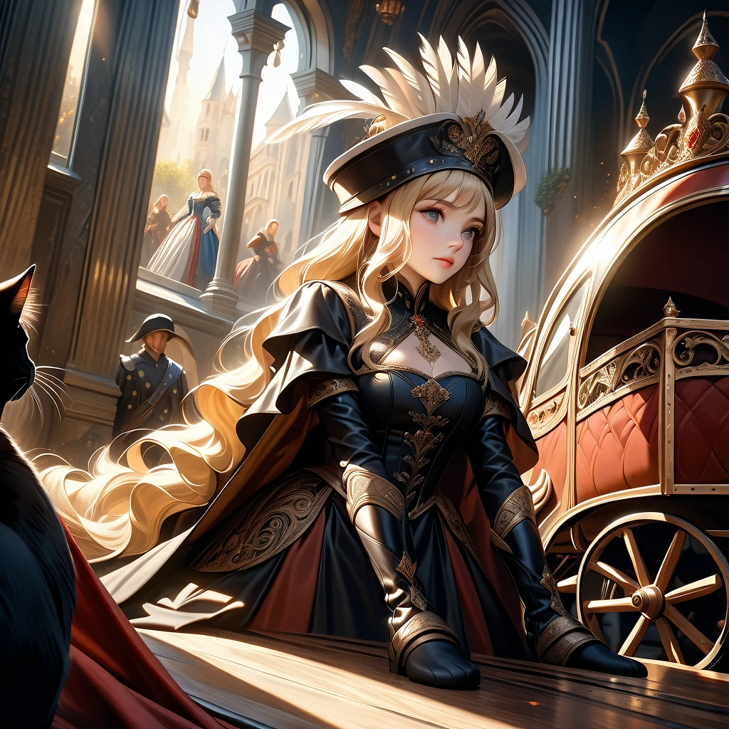 a black cat in leather boots with a feathered hat bowing before a royal carriage with a stunningly beautiful blonde princess, female curves, detailed portrait, elaborate costume, intricate background, cinematic lighting, dramatic atmosphere, oil painting, highly detailed, photorealistic, 8k, masterpiece, chiaroscuro, renaissance style