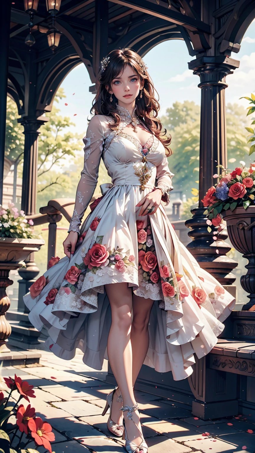 In the historic gardens、A woman from the royal family walking gracefully。She is wearing a gorgeous dress、Colorful flowers around々is in full bloom、High heels