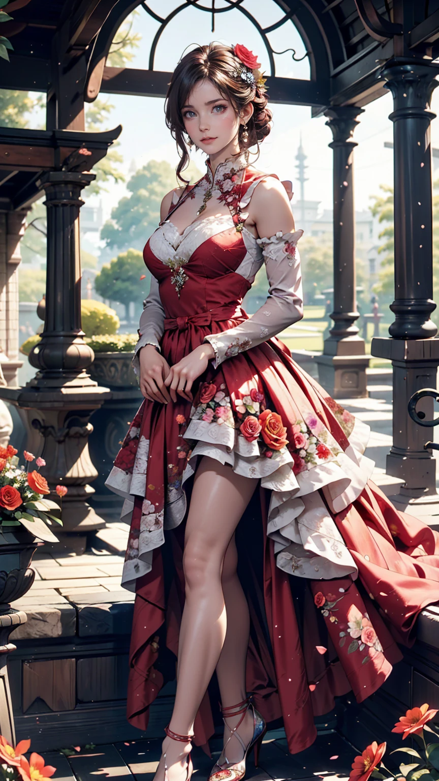 In the historic gardens、A woman from the royal family walking gracefully。She is wearing a gorgeous dress、Colorful flowers around々is in full bloom、High heels