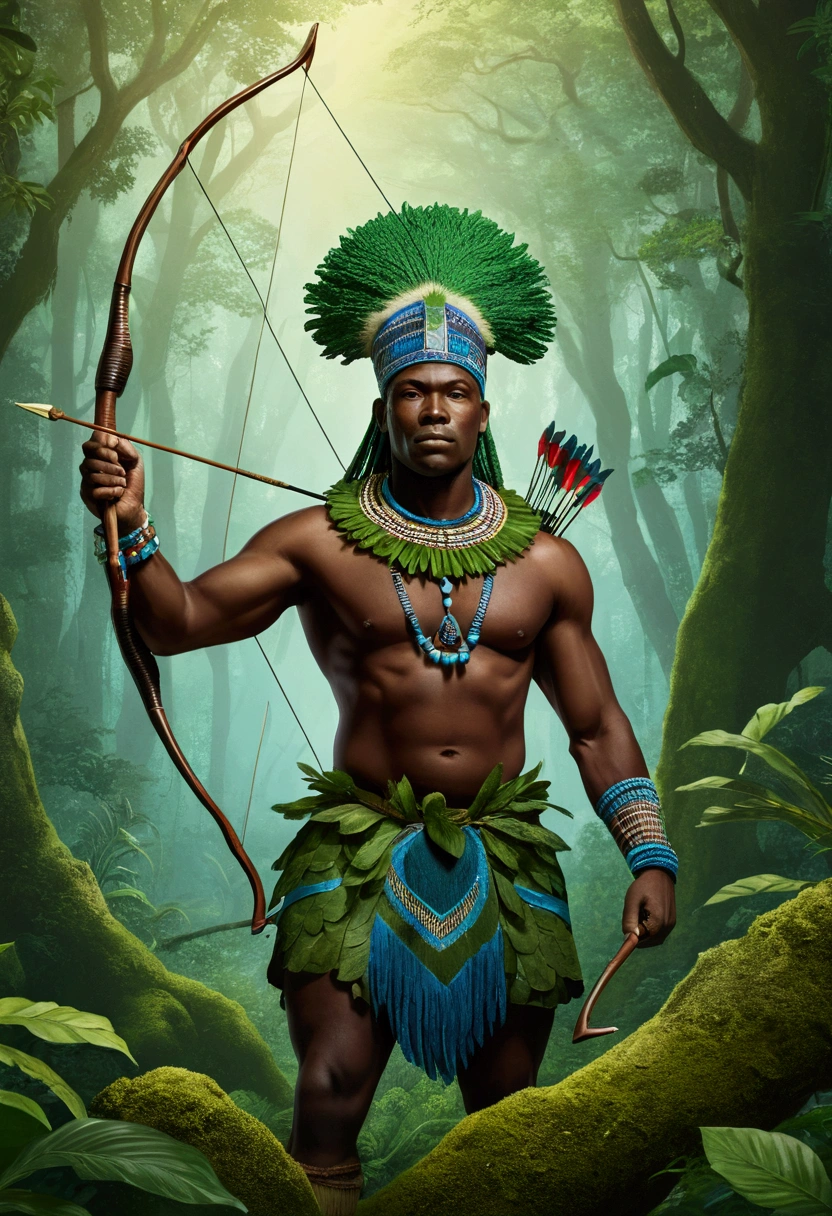 "A majestic and serene depiction of Oxóssi, the Yoruba orixá of the hunt, forests, and abundance. He is portrayed as a noble and agile African man, dressed in green and blue traditional attire, symbolizing his connection to nature and the forest. Oxóssi is holding a bow and arrow, ready for the hunt, with a quiver of arrows on his back. The background features a lush, dense forest filled with vibrant flora and fauna, representing his domain. The scene exudes a sense of tranquility and harmony with nature, highlighting Oxóssi's role as a protector and provider."

