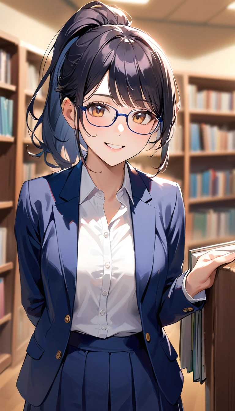 18 yeaes old, a woman, ponytail, Black Hair, Glasses, smile,Navy blue blazer, White shirt, Navy blue long skirt, high school student,Barely,In the library,Blurred background