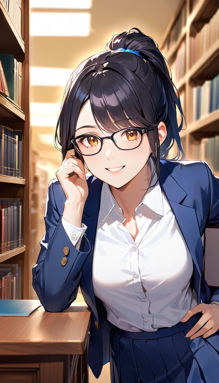 18 yeaes old, a woman, ponytail, Black Hair, Glasses, smile,Navy blue blazer, White shirt, Navy blue long skirt, high school student,Barely,In the library,Blurred background