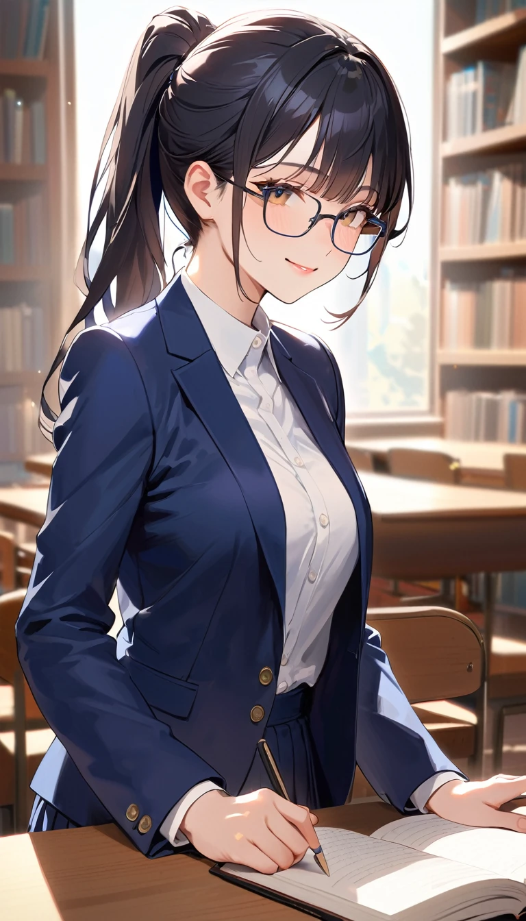 18 yeaes old, a woman, ponytail, Black Hair, Glasses, smile,Navy blue blazer, White shirt, Navy blue long skirt, high school student,Barely,In the library,Blurred background
