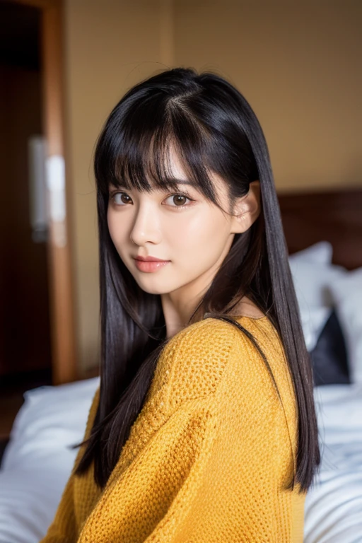 1girl, extremely beautiful girl, extremely beautiful face, small eyes, straight hair, full body portrait, (8k, RAW photo, best quality, masterpiece:1.2), (realistic, photo-realistic:1.2), on the bed