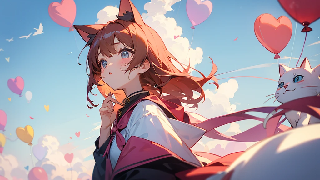 Lots of heart-shaped balloons flying。And a cute cat-eared girl is looking up at the sky