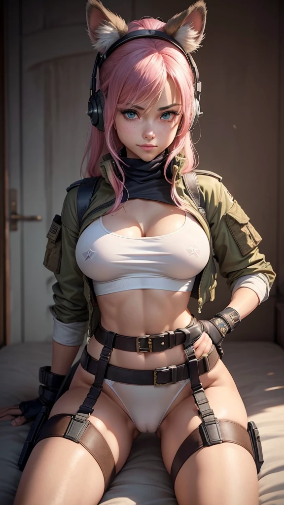 (Beautiful mercenary girl: 1.5), pretty girl, pretty face, sexy girl, young girl, 20 years old, pink hair, blue eyes, beautiful smile, long hair, straight hair, big breasts, very thin waist, wide hips, gap between thighs, (she is wearing a white top, short top, tight top), exposed belly, no pants, micro panties, tight panties, thong panties, (cameltoe: 1.2), military jacket, open jacket, wearing a headset with kitten ears, belt with multiple pockets, combat belt, leg holster, tactical gloves, front view, sitting, spread her legs to the side: 1.3, (cowboy shot), best quality, masterpiece, ultra-realistic, ultra-detailed, 8k