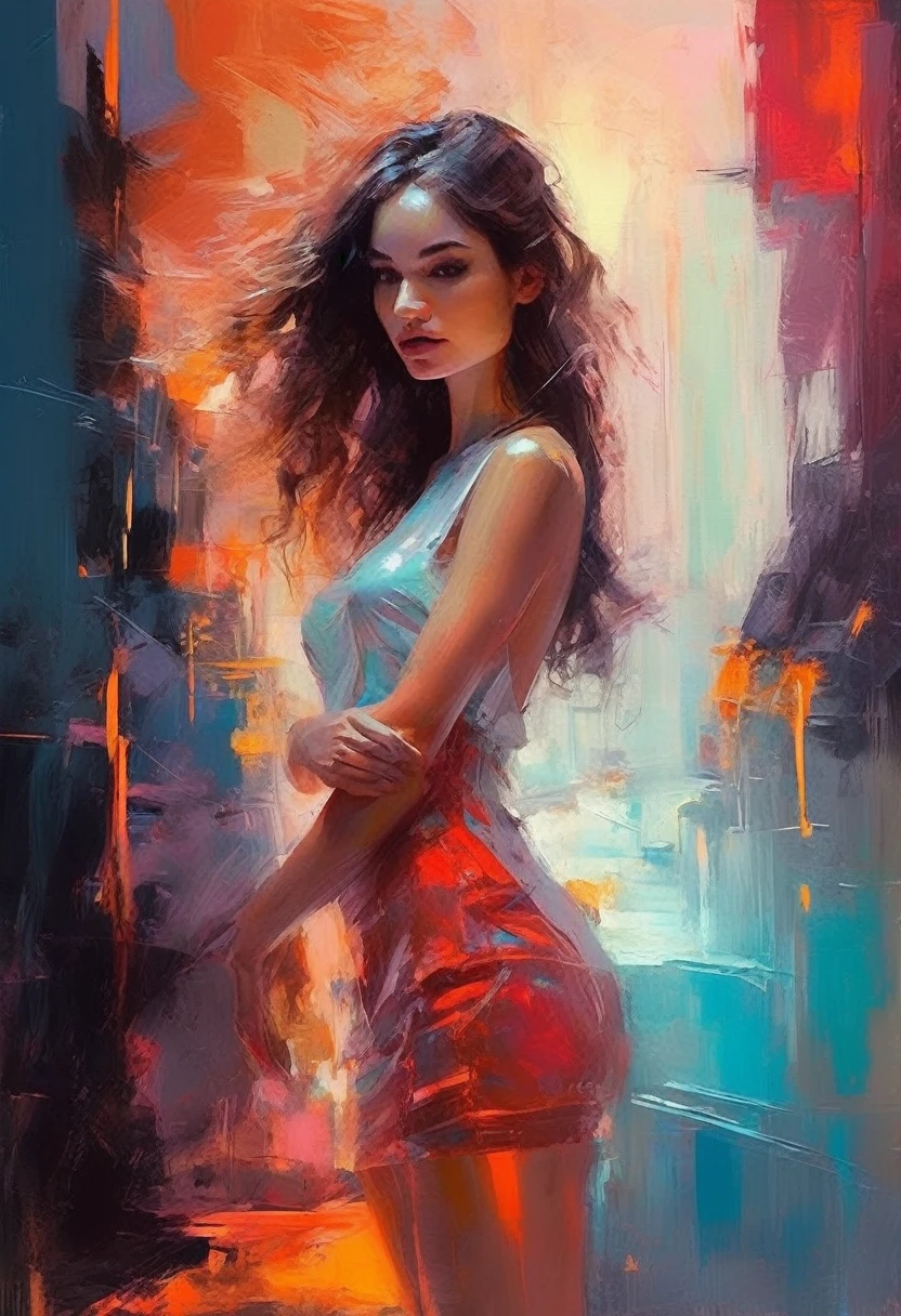 (llyjmscnd woman) art: Henry Asencio, close-up, lava lamp captured in ultra-realistic style, posing in the undulating glow of a neon atmosphere reminiscent of Syd Mead's futuristic aesthetic, the lava inside the lamp seamlessly morphs, soft focus background, neon glow, digital painting, dramatic lighting , artstation trend, sharp focus, studio photo, intricate details, high detail, cleavage, sexy, thigh, short skirt