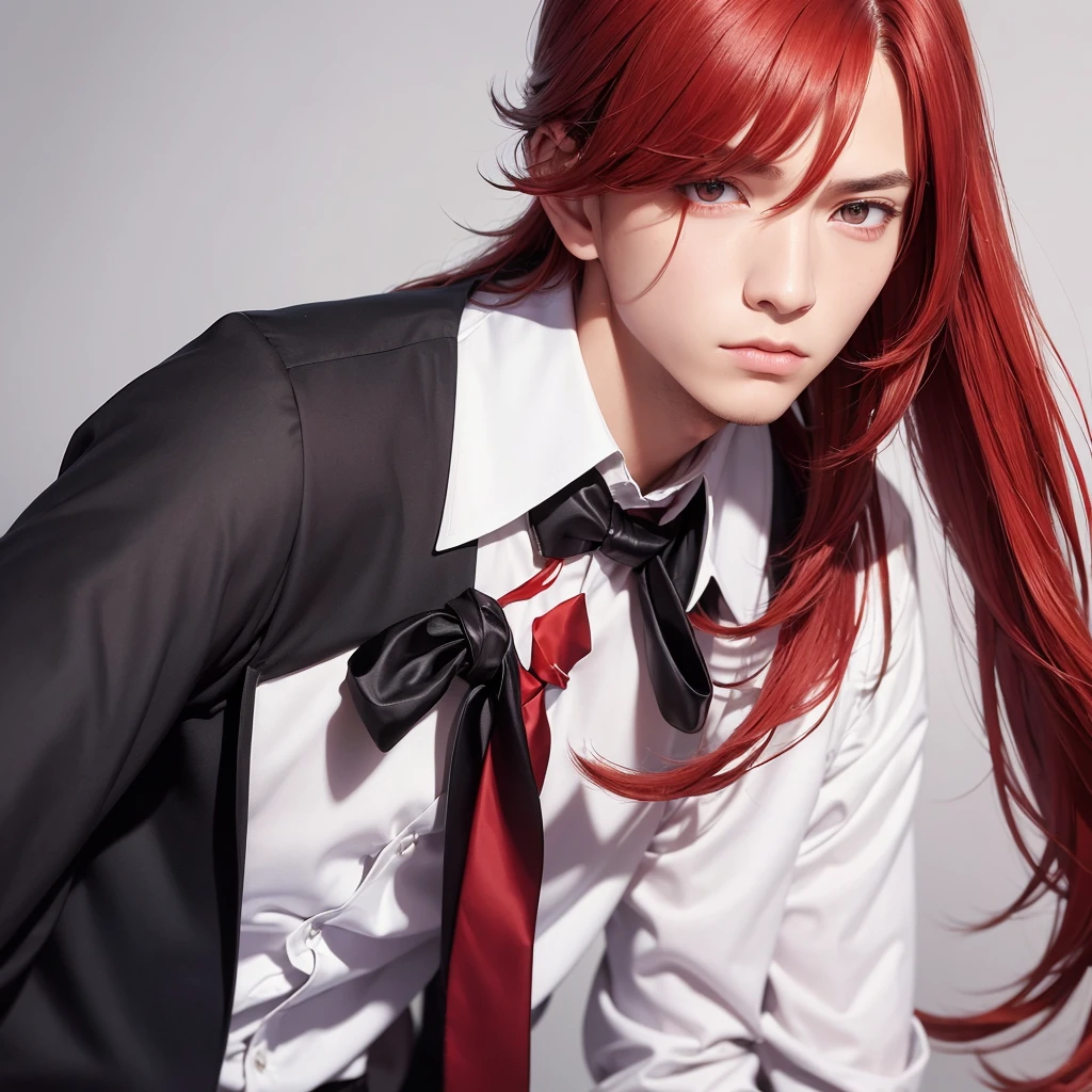 masterpiece, best quality, diluc (genshin impact), 1boy, male focus, red hair, red eyes, long hair, solo, simple background, white background, hair between eyes, bangs, closed mouth, ponytail, sparkle, looking at viewer, antenna hair, cropped shoulders, shirt, jacket, portrait, black shirt, necktie, collared shirt
