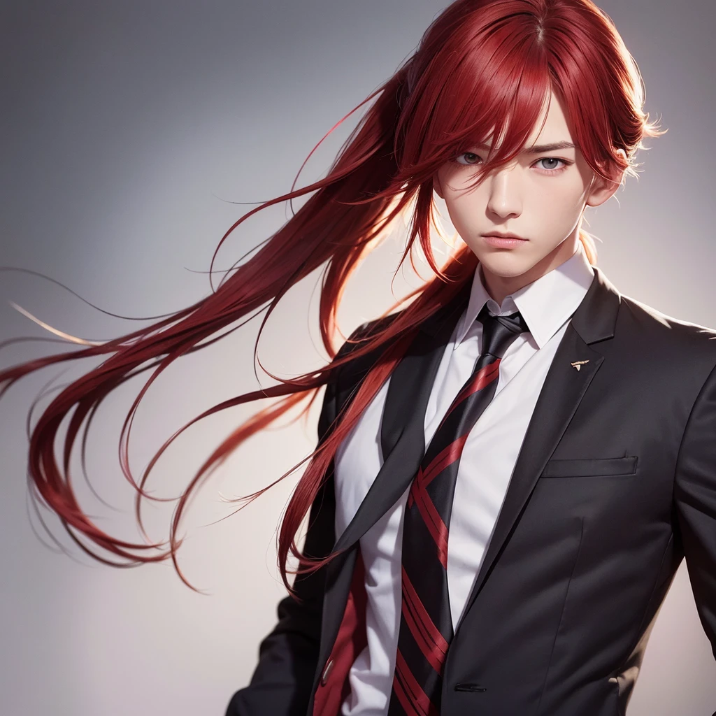 masterpiece, best quality, diluc (genshin impact), 1boy, male focus, red hair, red eyes, long hair, solo, simple background, white background, hair between eyes, bangs, closed mouth, ponytail, sparkle, looking at viewer, antenna hair, cropped shoulders, shirt, jacket, portrait, black shirt, necktie, collared shirt