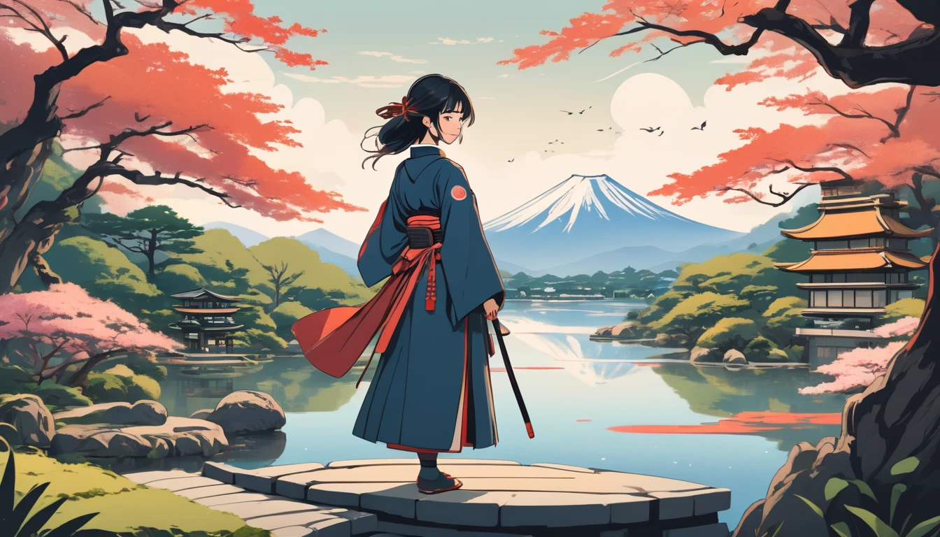 Female samurai,Japanese garden、Fuji Mountain、 Wide-angle lens, Lofi Anime, Lofi illustration, Aesthetic atmosphere, Lo-Fi Style, Vector art, Flat Design, Simple shape, Warm tones, Pleasant atmosphere, Chill, In anime style, Digital drawing, Vector art, Vector logo for t-shirt printing, (Adorable:1.5), (small:1.4), (Playful:1.2), (soft:1.3), (Whimsical:1.1), masterpiece, Highest quality, 8k, Intricate details, grow, Celestial, Mysterious, Picturesque, amazing, Majestic, Magic, Fantasy art, Cover art, dream-like