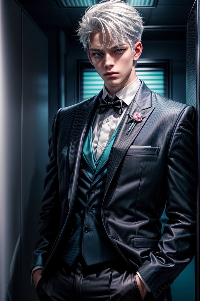 Handsome boy, blue eyes, white hair highlighted with pink and turquoise, expressionless, wearing black formal suit, CEO office background