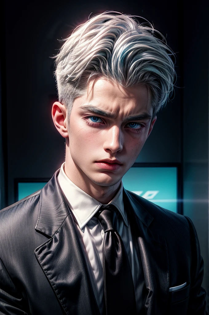 Handsome boy, blue eyes, white hair highlighted with pink and turquoise, expressionless, wearing black formal suit, CEO office background