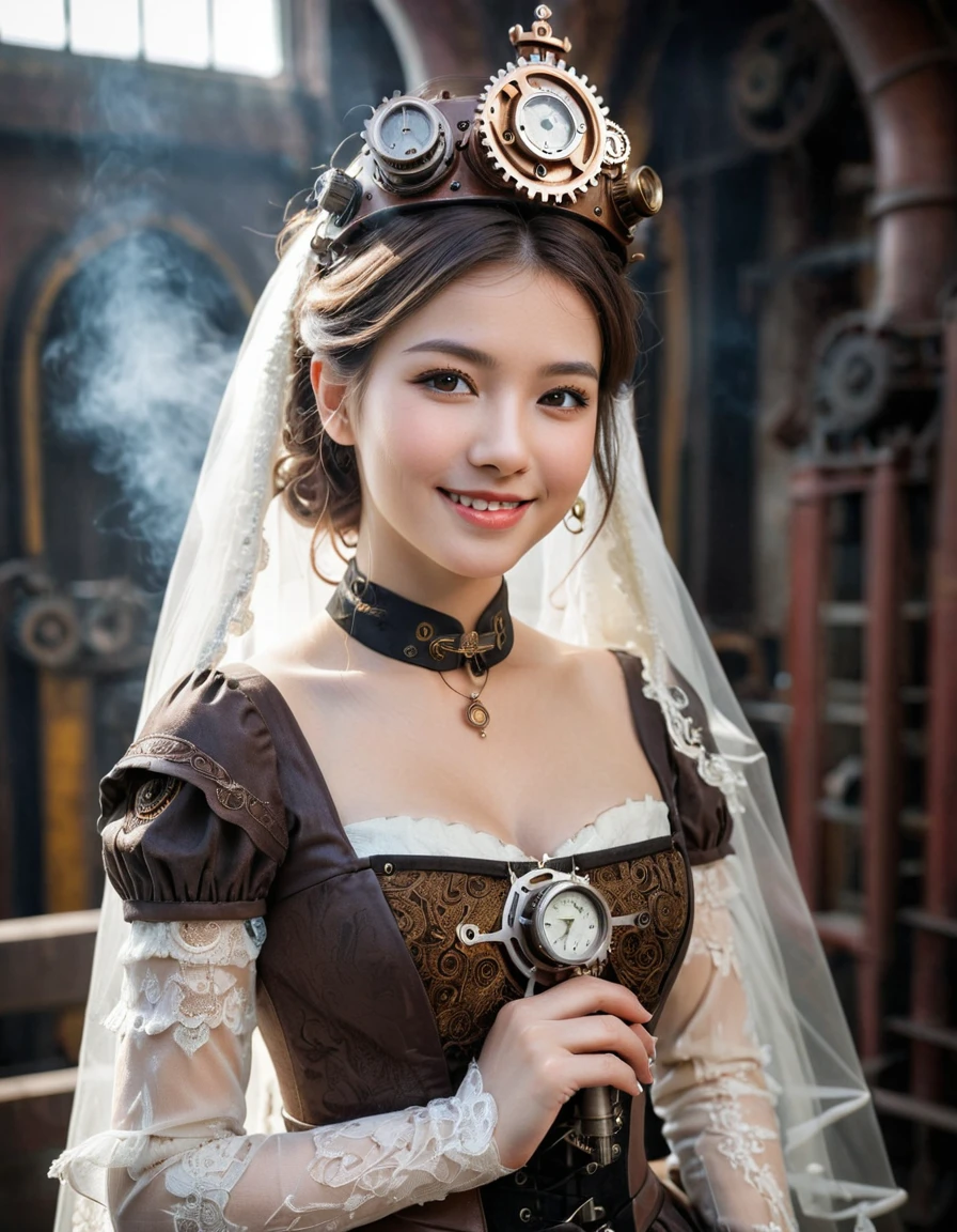 (close up face:0.5), dynamic angle, ultra detailed beautiful photograph, small smile, the “Steampunk Blessed Bride” is a unique atmosphere where the good old days and the future are fused. The bride is dressed in a dress adorned with steel, leather, gears, and belts, and she looks like a beautiful mechanical doll. Above her head shines a crown of intricately crafted gears. The venue is filled with retro steam engines and Victorian-style decorations, with futuristic elements scattered throughout.