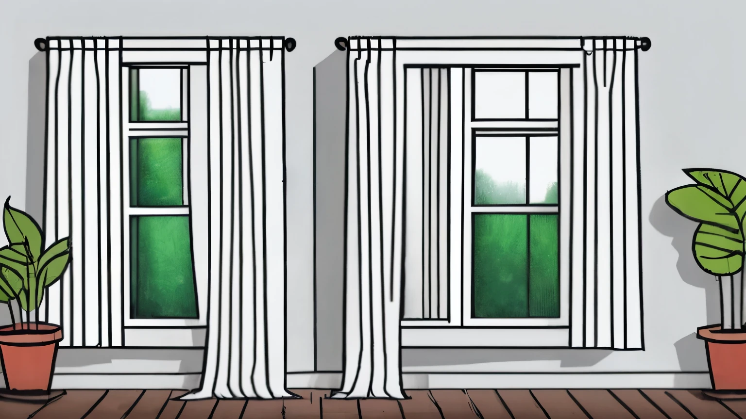 An old house window with a potted plant and swaying curtains. Outside, rain continues to fall. The curtain movement and rain intensity should loop seamlessly, starting and ending with the same curtain position and rain intensity. The scene is in a line art style with watercolor effects, creating a warm and nostalgic atmosphere.