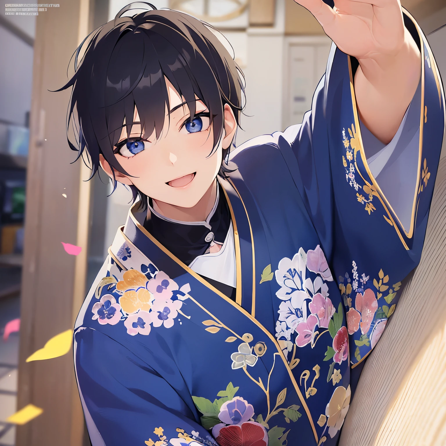 side angle, (looking at viewer:1.5), upper body、
masterpiece、Highest quality、
(25-year-old male:1.5) and(Black short hair) and (blue eyes),
blue yukata,(smile:1.5),open mouth,The background is a Japanese-style room.,(alone:1.5),night